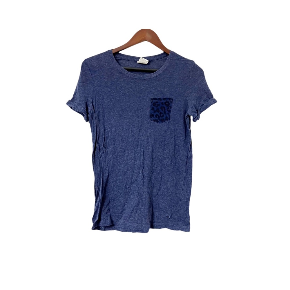 PINK Victoria’s Secret Blue T-Shirt with Dog Logo & Leopard Print Pocket-Size S